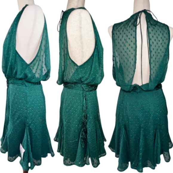 ASOS Green Spotted High Neck Tie Waist Flippy Mini Dress Size 8 - Picture 5 of 9